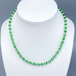 Women's Sterling Silver 925 Green Synthetic Cat's Eye Beaded Necklace 16-17.5"